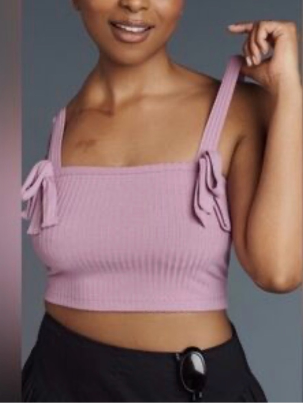 Anthropologie Ribbed Tie-Shoulder Crop Tank - Light Mauve